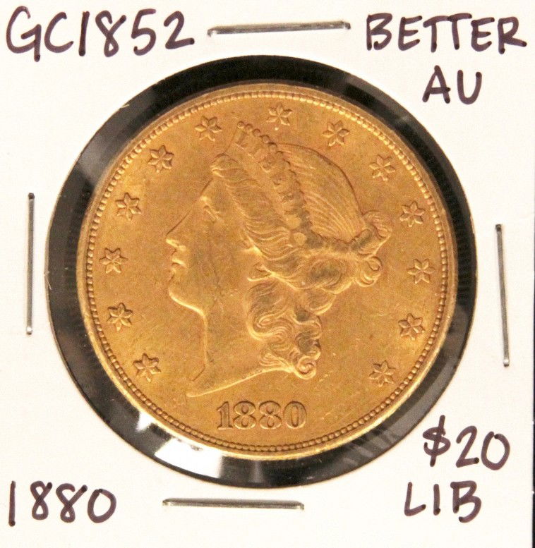 1880 $20 AU Liberty Head Double Eagle Gold Coin GC1852: "1880 $20 AU Liberty Head Double Eagle Gold Coin GC1852. As-Is Condition! ST6681HR. 1880 $20 AU Liberty Head Double Eagle Gold Coin. Thank you for viewing this lot. We are always adding new inventory