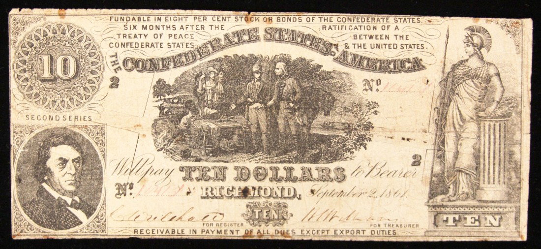 1861 $10 Confederate Currency Note Richmond BD326: "1861 $10 Confederate Currency Note Richmond BD326. As-Is Condition! FR81NC. 1861 $10 Confederate Currency Note Richmond. Thank you for viewing this lot. We are always adding new inventory and new auc