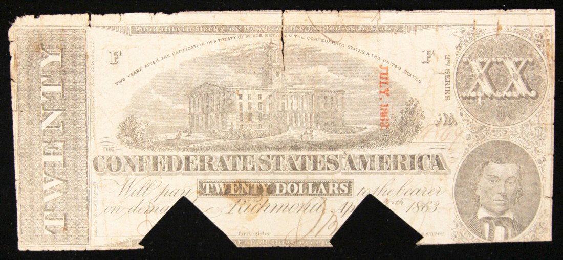 1863 $20 Confederate Currency Note Richmond BD319: "1863 $20 Confederate Currency Note Richmond BD319. As-Is Condition! RP42ST. 1863 $20 Confederate Currency Note Richmond. Thank you for viewing this lot. We are always adding new inventory and new auc