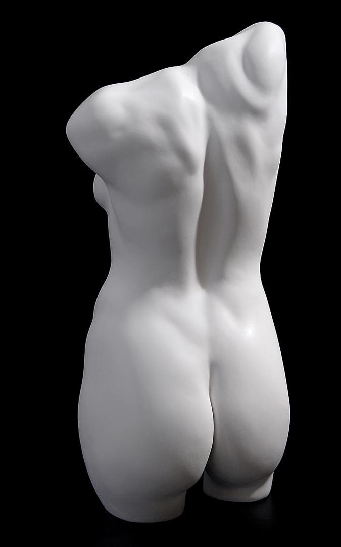 FEMALE TORSO by Charles Lynn Bragg: Sculpture, cast hydocal and acrylic by Charles Lynn Bragg. A 1/3 lifesize, free standing female torso. 9 x 18 x 7. Weight 25 lbs.