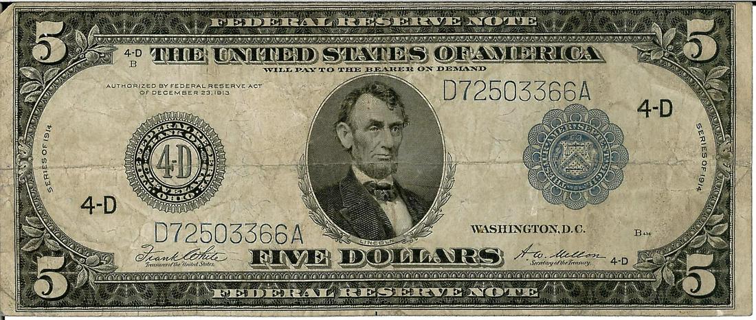 1914 $5 Federal Reserve Bank Note: One 1914 $5 Federal Reserve Bank Note. The serial number is 72503366.