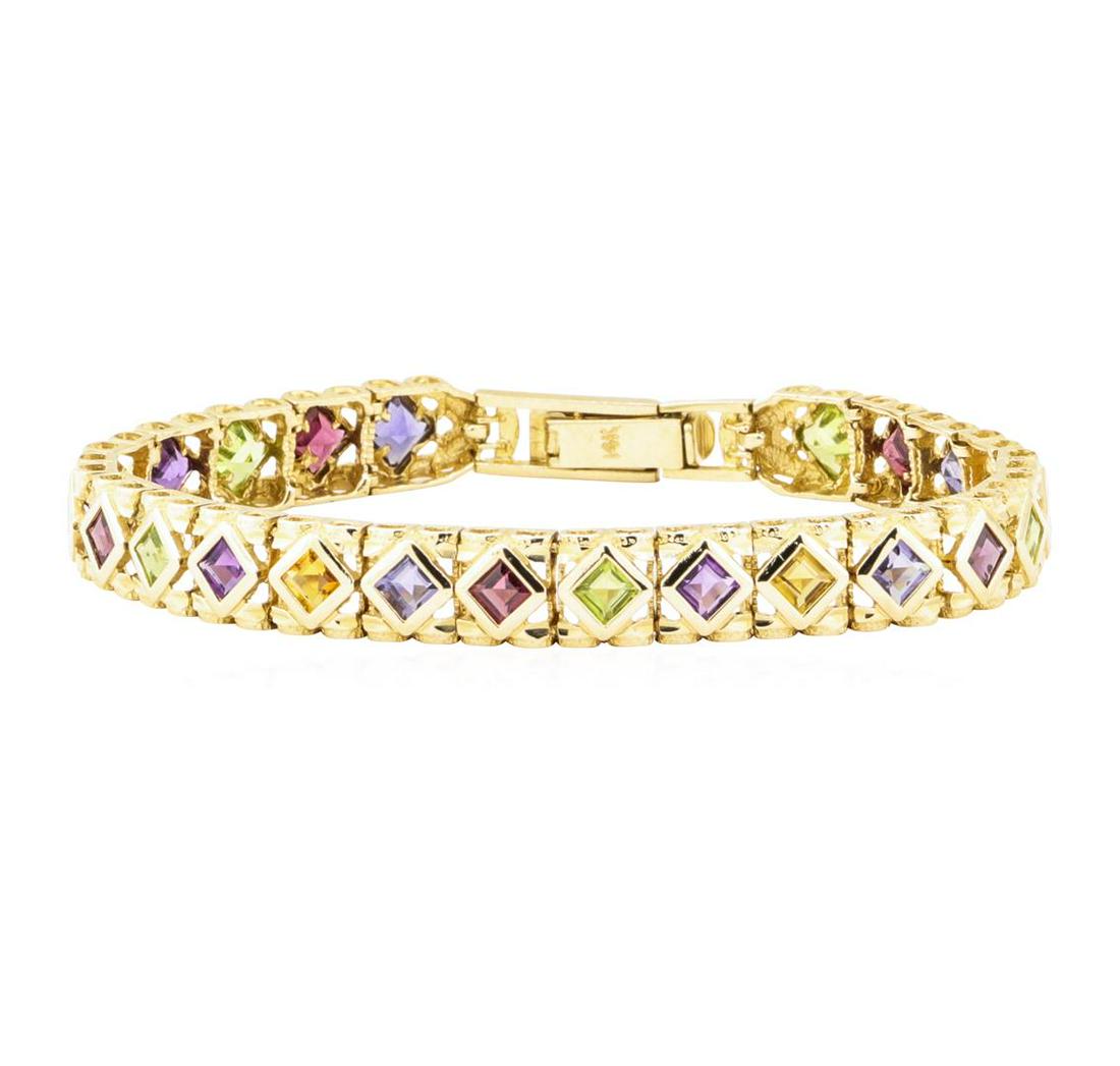 12.00 ctw Multi-Color Gemstone Bracelet - 14KT Yellow Gold: One multi-color gemstone bracelet measuring approximately seven and a half inches in length and 8mm in width featuring: 14KT yellow gold weighing 15.9 grams containing multi-colored gemstones weighing