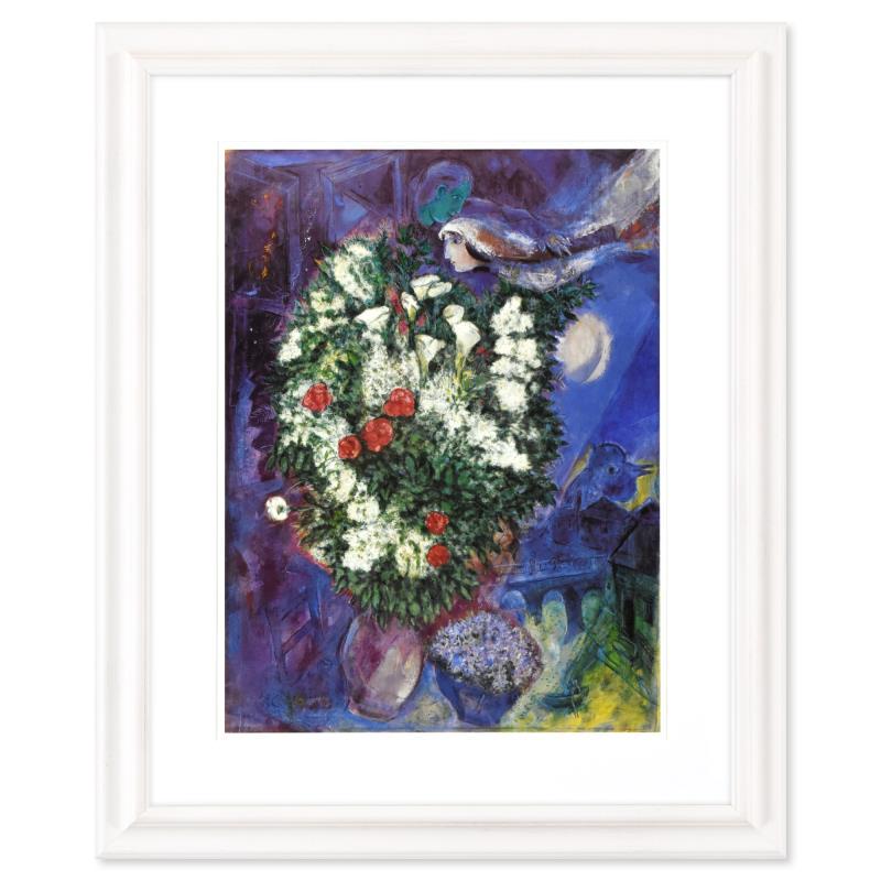 Bouquet with Flying Lover by Chagall (1887-1985): Bouquet with Flying Lover by Chagall (1887-1985). "Bouquet with Flying Lover" is an offset lithograph on paper by Marc Chagall (1887-1985). This piece was published in 1985 as a collectible poster for