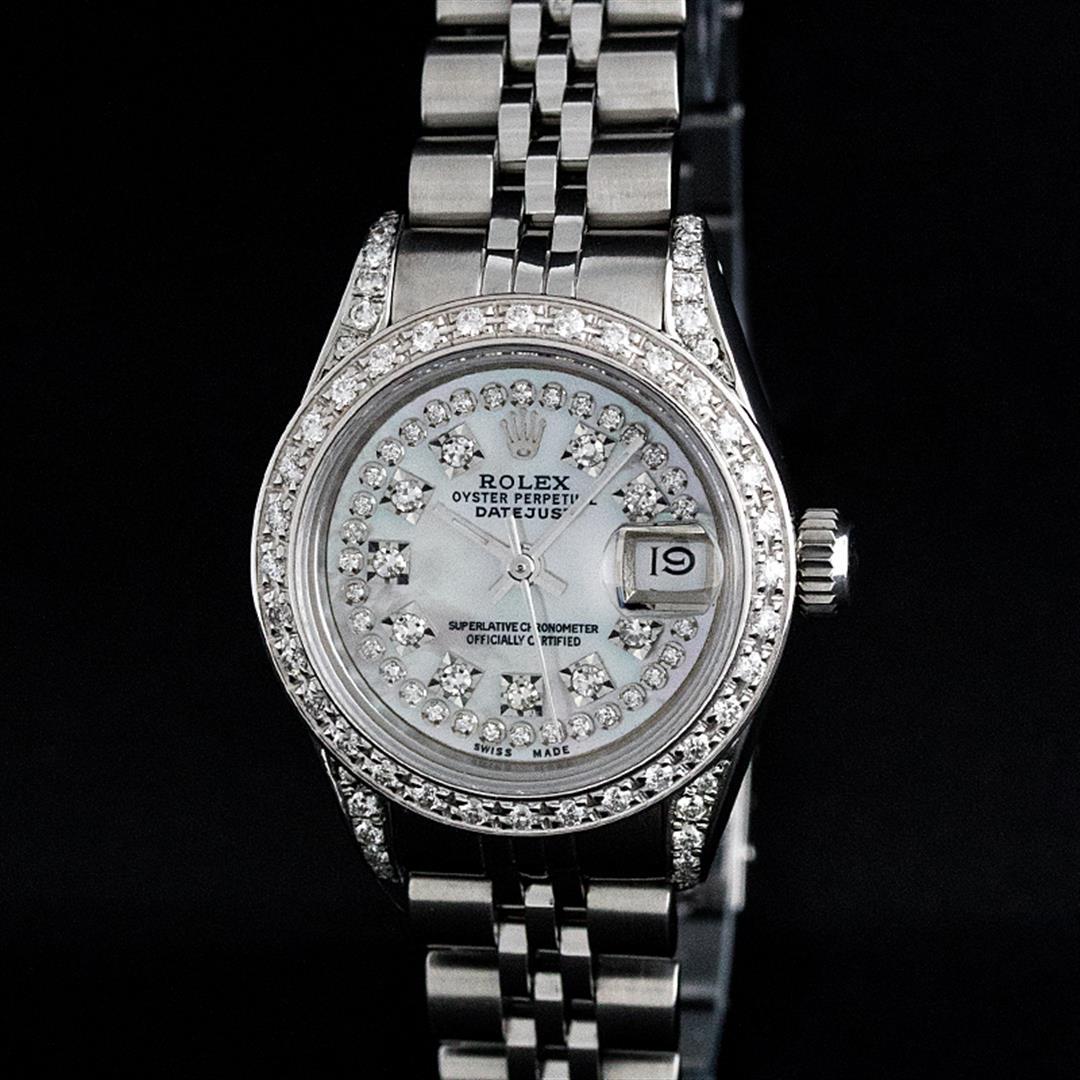 Rolex Ladies Stainless Steel 26MM MOP Diamond Lugs Oyster Perpetual Datejust: One Ladies Stainless Steel Rolex Datejust Polished Bright with Satin Finish, Serviced & Electronically Tested, Stainless Steel Case: 26mm, Stainless Steel Crown, Diamond Lugs: 24 Diamonds On Lugs, Cla