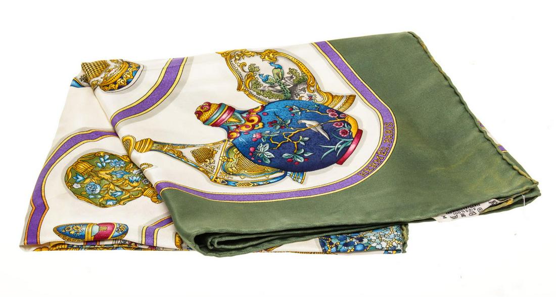 Hermes Green Silk Scarf: One Hermes Green Silk Scarf. Item is sold AS-IS. Please check photos and descriptions for all available details. Hermes Green Silk Scarf, silk pattern Sesame scarf designed by Philippe Ledoux, hand ro