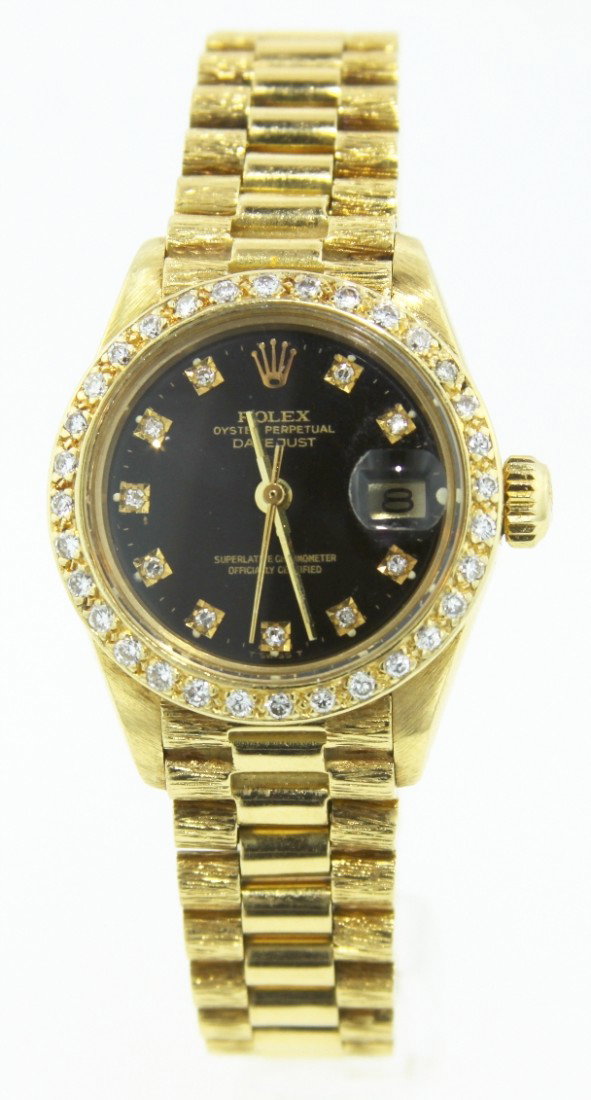Ladies 18KT Gold Rolex Diamond DateJust Watch BD340: "Ladies 18KT Gold Rolex Diamond DateJust Watch BD340. Great Condition! HW1534YS. One ladies, hand crafted and machine milled Rolex DateJust model the Lady President wristwatch electronically tested 18