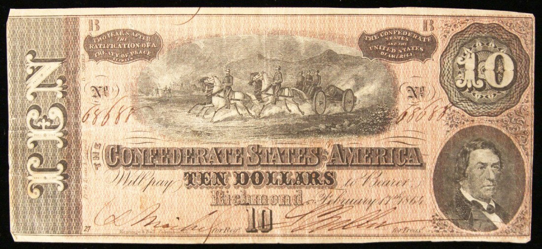 1864 $10 Confederate Currency Note Richmond BD300: "1864 $10 Confederate Currency Note Richmond BD300. As-Is Condition! DM81AN. 1864 $10 Confederate Currency Note Richmond. Thank you for viewing this lot. We are always adding new inventory and new auc