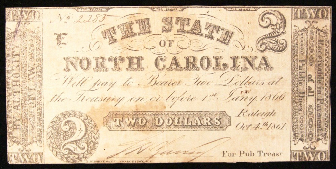 1861 $2 North Carolina Currency Note BD315: "1861 $2 North Carolina Currency Note BD315. As-Is Condition! PK42AV. 1861 $2 North Carolina Currency Note. Thank you for viewing this lot. We are always adding new inventory and new auctions, so chec