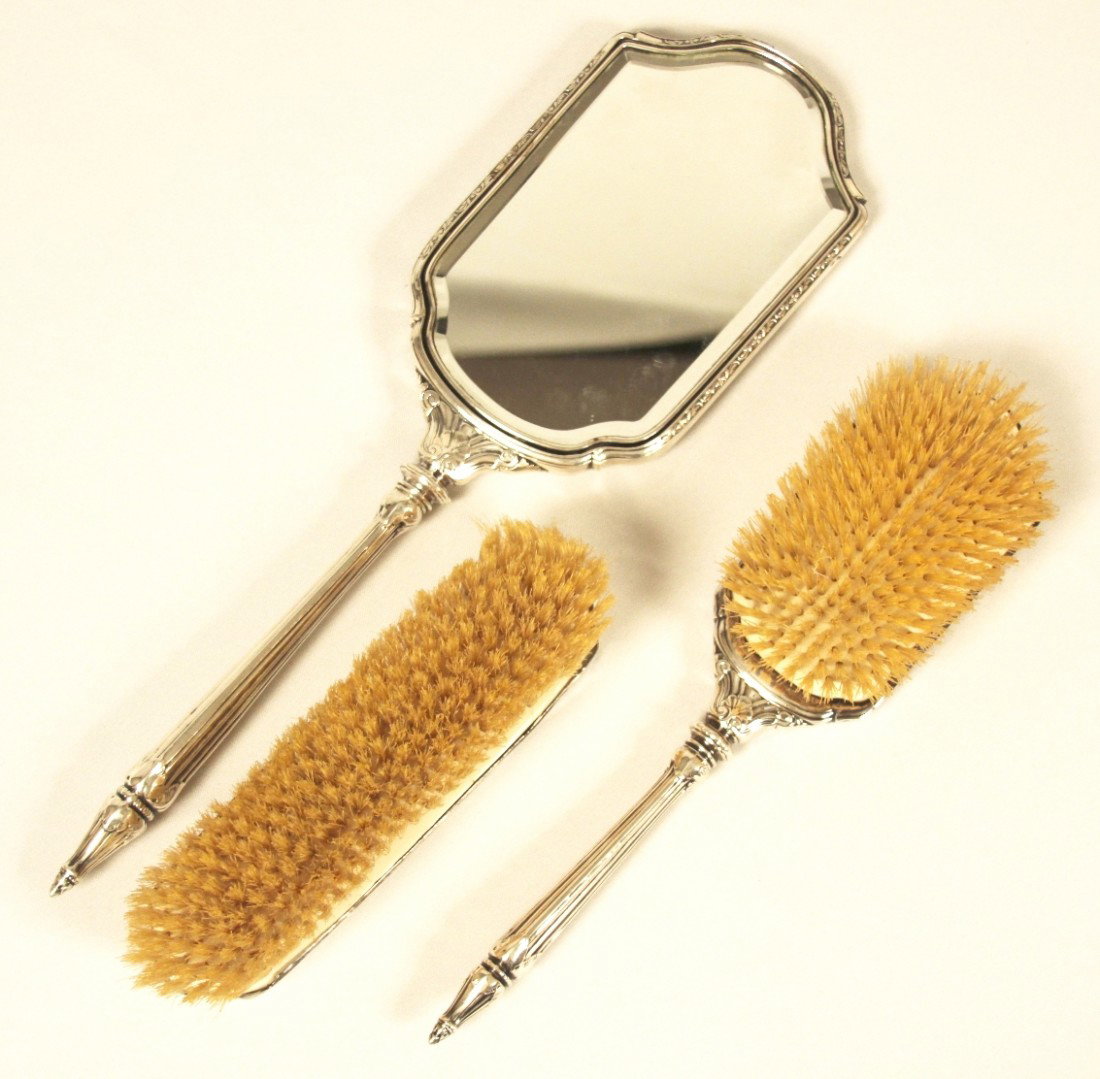 Sterling Silver Vanity Brush Set WBL13: "Sterling Silver Vanity Brush Set WBL13. Excellent Vintage Condition! VN112WT. This is a beautiful 3 piece sterling silver vanity set. This vintage set consists of a beveled hand mirror which measures