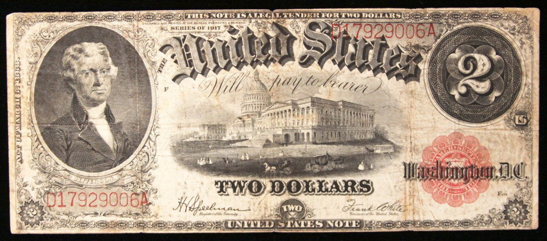 1917 $2 Large Size Red Seal Currency Note BD293: "1917 $2 Large Size Red Seal Currency Note BD293. As-Is Condition! CA27RM. 1917 $2 Large Size Red Seal Currency Note. Thank you for viewing this lot. We are always adding new inventory and new auction