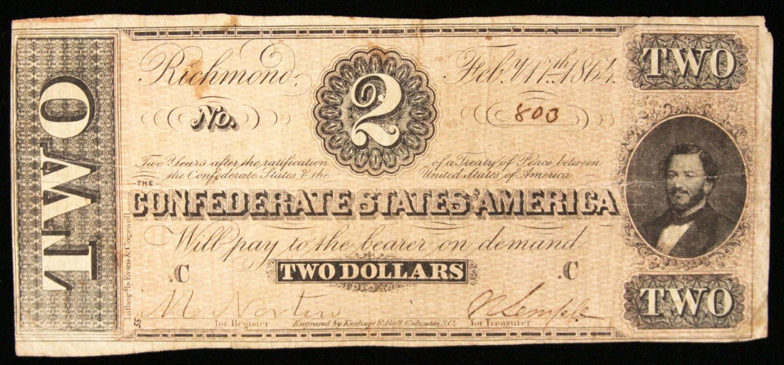 1864 $2 Confederate Currency Note Richmond BD289: "1864 $2 Confederate Currency Note Richmond BD289. As-Is Condition! NE63SM. 1864 $2 Confederate Currency Note Richmond. Thank you for viewing this lot. We are always adding new inventory and new aucti