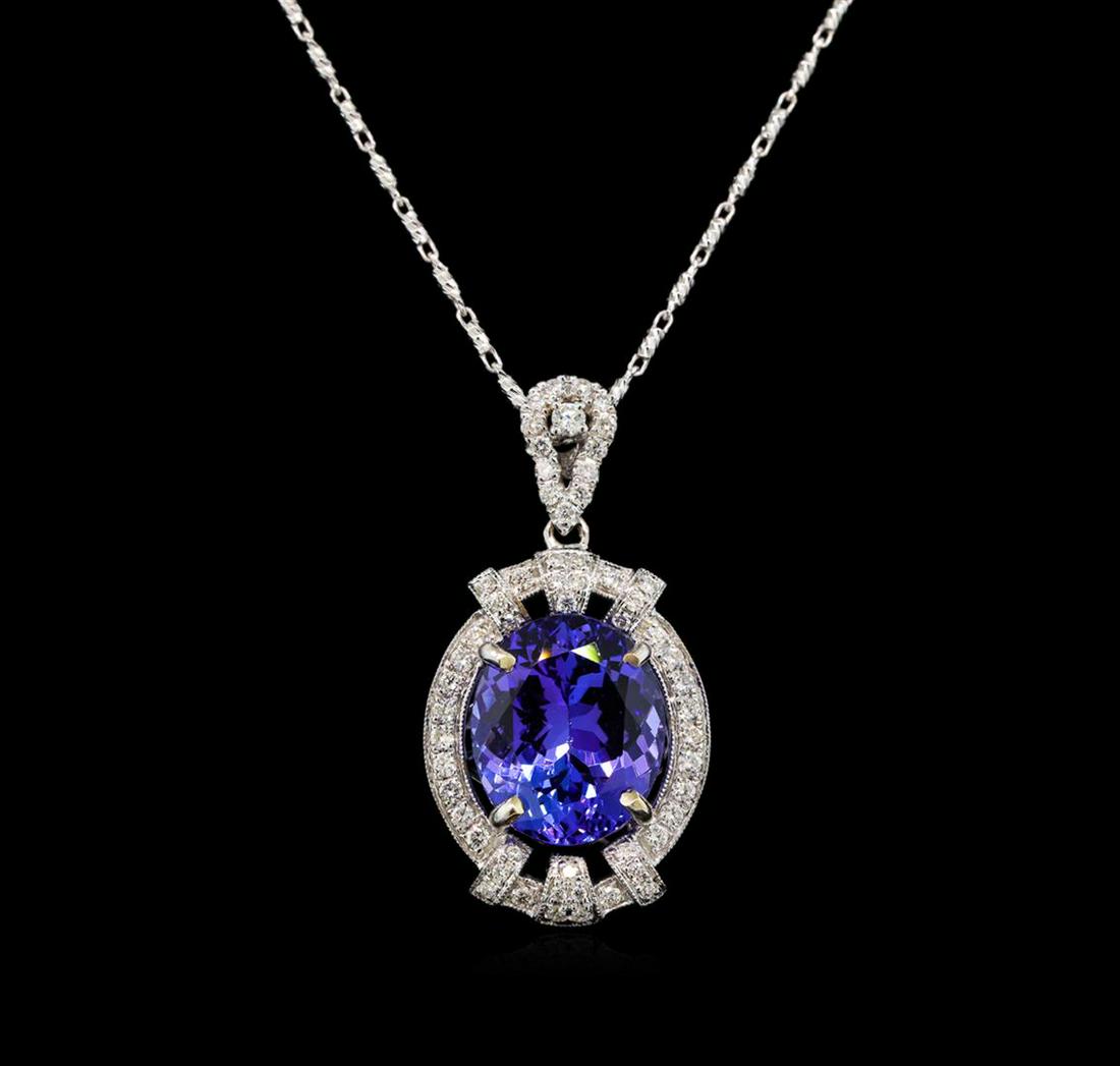 18KT White Gold 6.20 ctw Tanzanite and Diamond Pendant With Chain: One electronically tested 18KT white gold ladies cast tanzanite and diamond pendant & chain 16.0" long, with a lobster claw clasp with a bright polish finish. Identified with markings of "18K". Condit