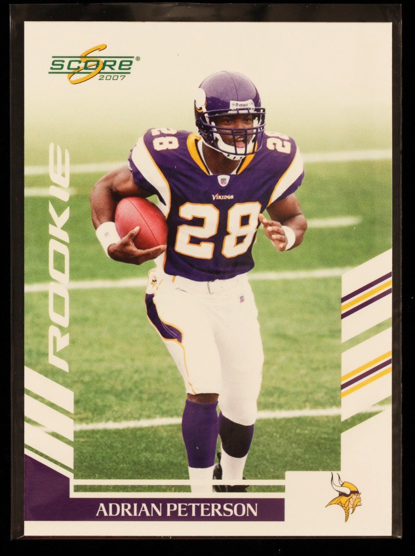 2007 Score Adrian Peterson Rookie Card C292: "2007 Score Adrian Peterson Rookie Card C292. As-Is Condition! FI11PW. One 2007 Score Adrian Peterson Rookie Card #341. Team: Minnesota Vikings. Thank you for viewing this lot. We are always adding ne