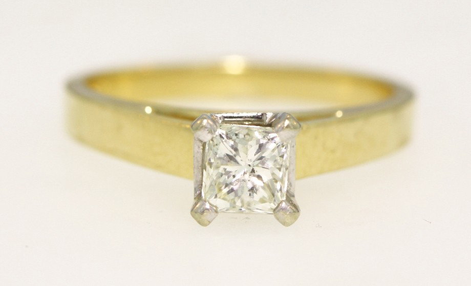 14KT White and Yellow Gold .72ct Diamond Solitaire: "14KT White and Yellow Gold .72ct Diamond Solitaire Ring A3329. Good Condition! YF158DS. One electronically tested 14KT two-tone, white and yellow gold ladies cast and assembled diamond solitaire ring