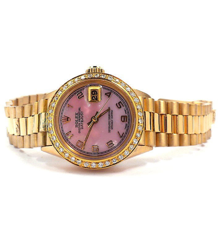 Ladies Yellow Gold Rolex Diamond DateJust Wristwat: "Ladies Yellow Gold Rolex Diamond DateJust Wristwatch A3392. Great Condition! PL1324CN. One ladies, hand crafted and machine milled Rolex DateJust model the Lady President wristwatch electronically te