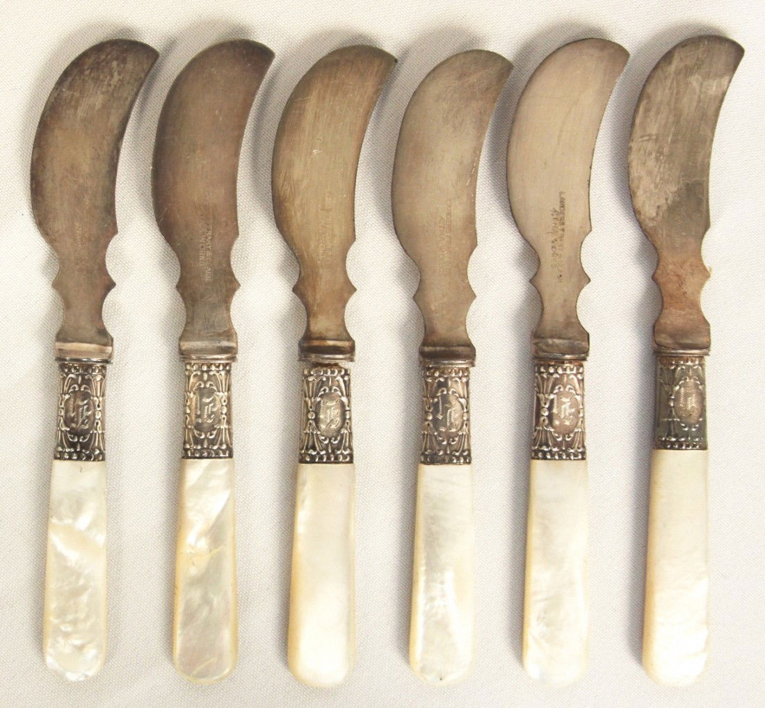 Antique Mother of Pearl and Sterling Butter Knives ED11: "Antique Mother of Pearl and Sterling Butter Knives ED1156. Good Vintage Condition! CF67DF. Gorgeous set of 6 Mother of Pearl, Sterling butter knives with stainless steel blades made by Landers, Fray
