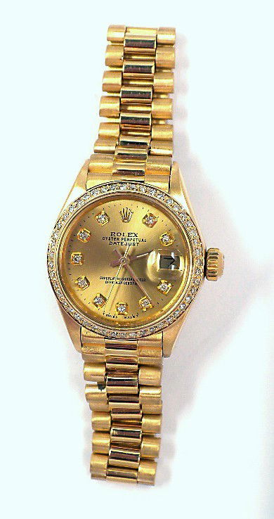 Ladies 18KT Gold Rolex Diamond DateJust Wristwatch A340: "Ladies 18KT Gold Rolex Diamond DateJust Wristwatch A3404. Excellent Condition! IC1514FA. One ladies, hand crafted and machine milled Rolex Lady President the DateJust model wristwatch electronically