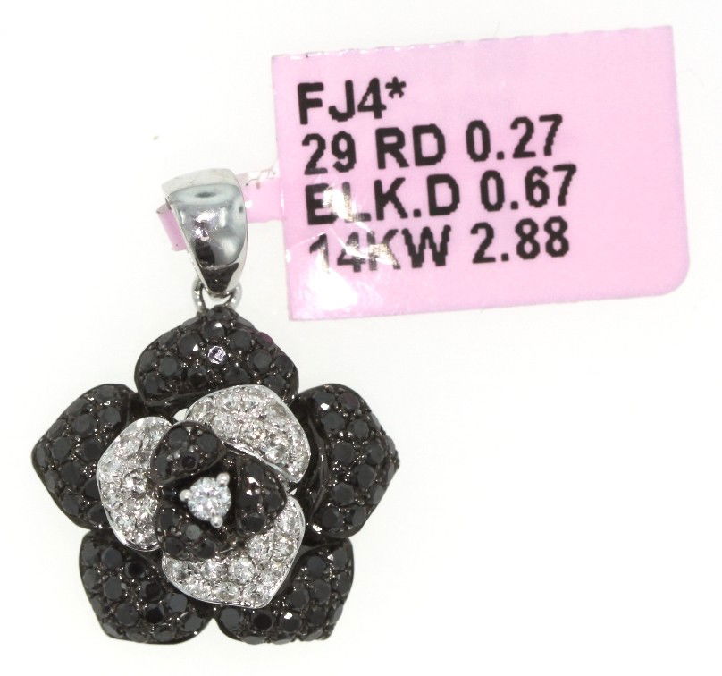 14KT White Gold .94ct Black and White Diamond Rose Pend: "14KT White Gold .94ct Black and White Diamond Rose Pendant FJM222. Excellent Condition! KS663CT. 14KT white gold black and white diamond rose pendant. Features 83 black diamonds weighing a total of 0