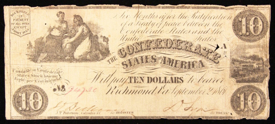 1861 $10 Confederate Currency Note Richmond BD327: "1861 $10 Confederate Currency Note Richmond BD327. As-Is Condition! FA63PR. 1861 $10 Confederate Currency Note Richmond. Thank you for viewing this lot. We are always adding new inventory and new auc