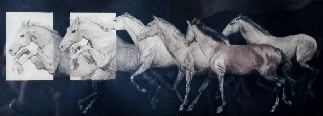 The Way Out by G.H. Rothe: The Way Out by G.H. Rothe is a framed original mezzotint with horses jumping through the window as the way out. The size is 19 5/8" x 37".