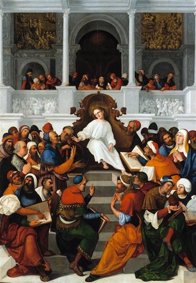 Ludovico Mazzolino - The Twelve Year Old Christ Teaching in the Temple: Artist: Ludovico Mazzolino - Title: The Twelve Year Old Christ Teaching in the Temple - Medium: Fine Art Reproduction Giclee on Canvas - Image Size: Approximately 20 inches x 13.75 inches - Unframed o