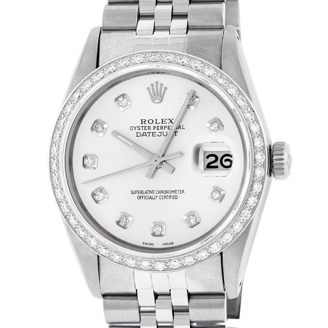 Rolex Mens Datejust 36 Stainless Steel Silver Diamond Datejust Wristwatch: One Mens Pre Owned Stainless Steel Rolex Datejust Polished, Serviced & Electronically Tested, Rolex Stainless Steel Case: 36mm, Rolex Stainless Steel Crown, Custom Bezel: New 18K White Gold Bead set D