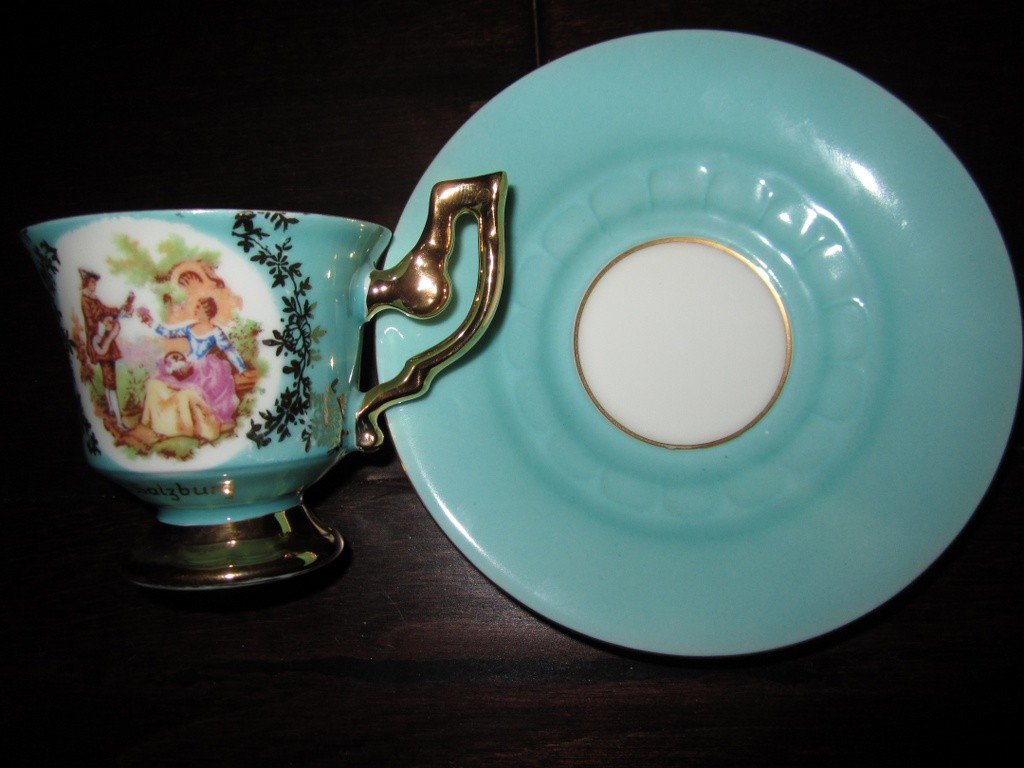 Bavarian Germany Cup & Saucer Set BD74: "Bavarian Germany Cup & Saucer Set BD74. Excellent Vintage Condition! WR11PT. This little cup & saucer set is adorable and elegant. On the front of the cup there is a romantic scene of a man playing m