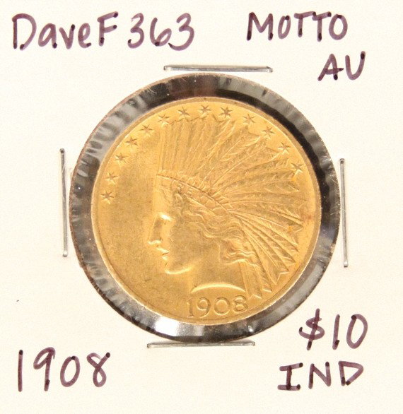 1908 $10 AU with Motto Indian Head Eagle Gold Coin Dave: "1908 $10 AU with Motto Indian Head Eagle Gold Coin DaveF363. As-Is Condition! AT289EN. 1908 $10 AU with Motto Indian Head Eagle Gold Coin. Thank you for viewing this lot. We are always adding new inv