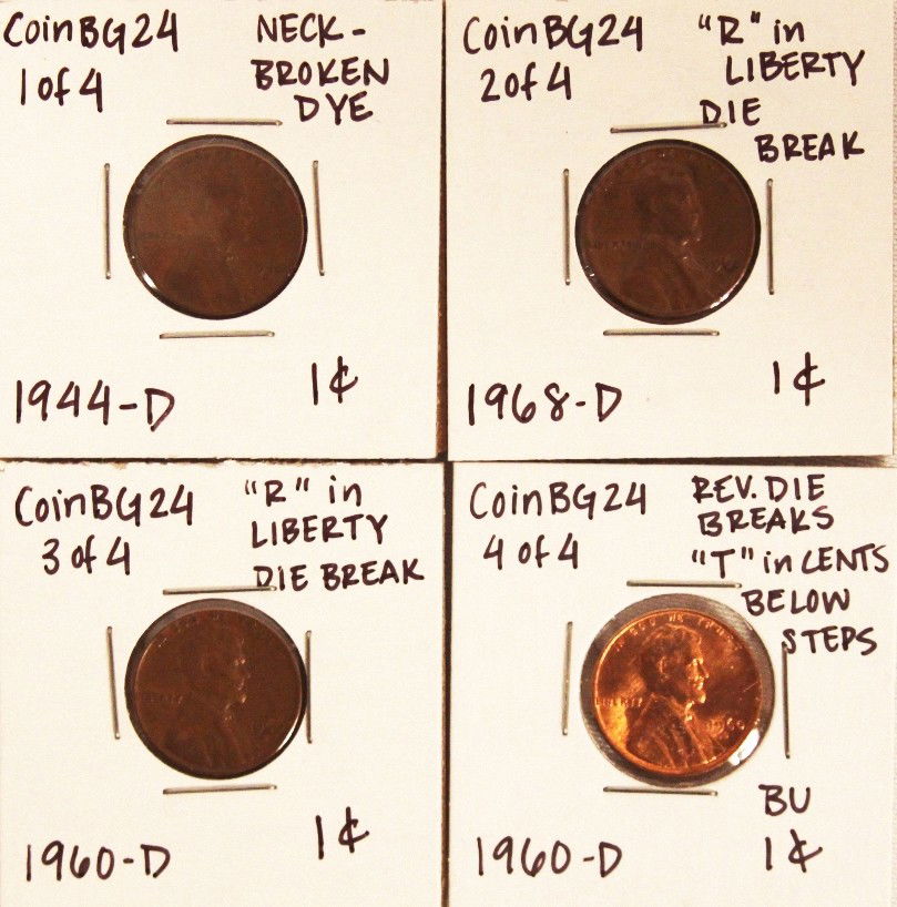 Assorted Lot of 4 Misc Die Breaks CoinBG24: "Assorted Lot of 4 Misc Die Breaks CoinBG24. As-Is Condition! CN61MT. Assorted Lot of 4 Misc Die Breaks. Thank you for viewing this lot. We are always adding new inventory and new auctions, so check b