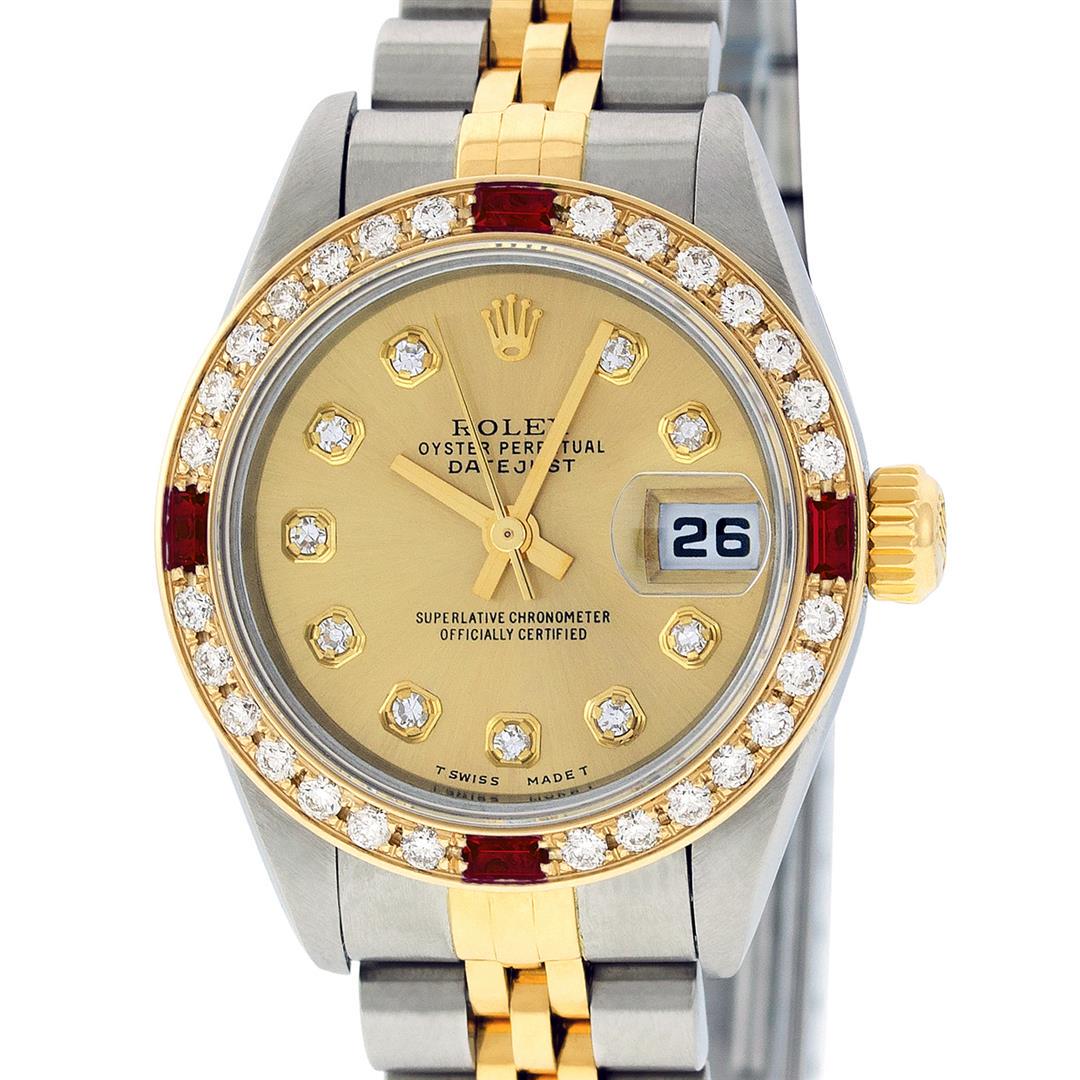 Rolex Ladies 2 Tone 18K Quickset Champagne Diamond & Ruby Datejust Wristwatch: Rolex Ladies Pre Owned 18K Two Tone & Stainless Steel Rolex Datejust Polished, Serviced & Electronically Tested, 18K Yellow Gold & Stainless Steel Case: 26mm, 18K Yellow Gold Crown, Custom Bezel: New