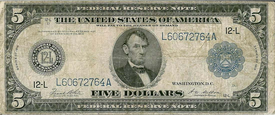 1914 $5 Federal Reserve Bank Note: One 1914 $5 Federal Reserve Bank Note. The serial number is 60672764.