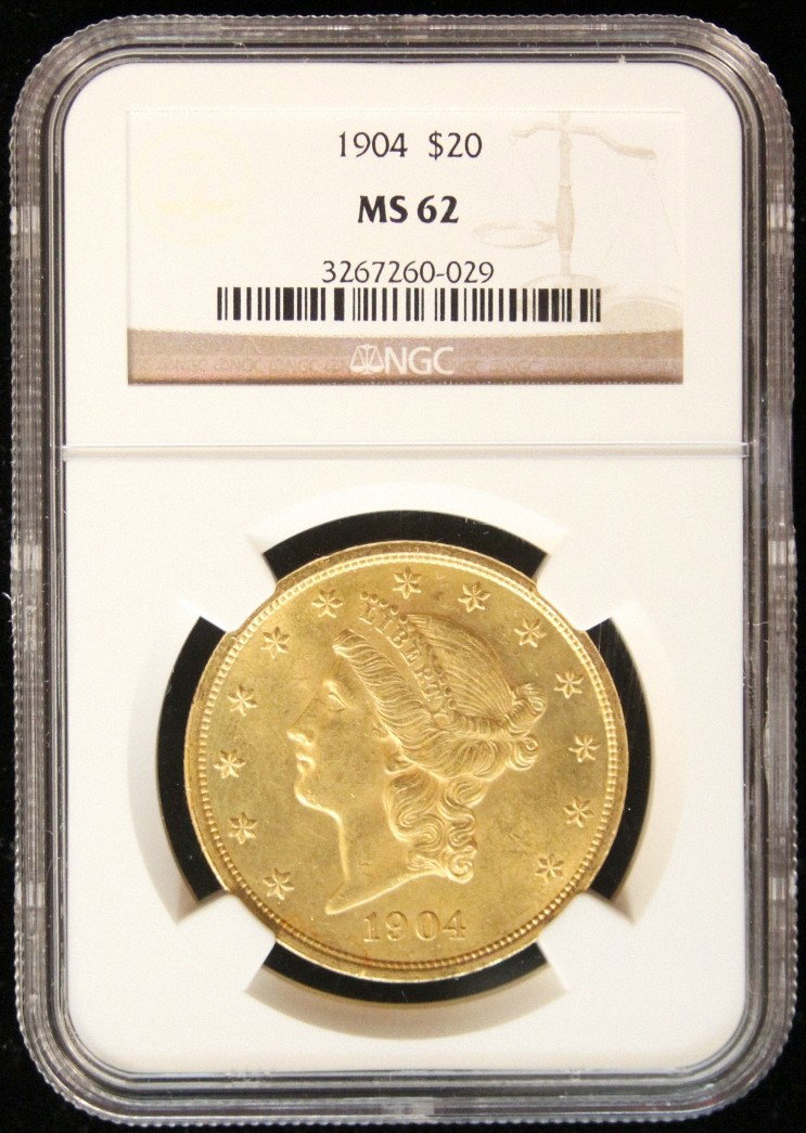 1904 $20 NGC MS62 Liberty Head Double Eagle Gold Coin D: "1904 $20 NGC MS62 Liberty Head Double Eagle Gold Coin DaveF477 As-Is Condition! WT1191DF. 1904 $20 NGC MS62 Liberty Head Double Eagle Gold Coin. Thank you for viewing this lot. We are always adding n