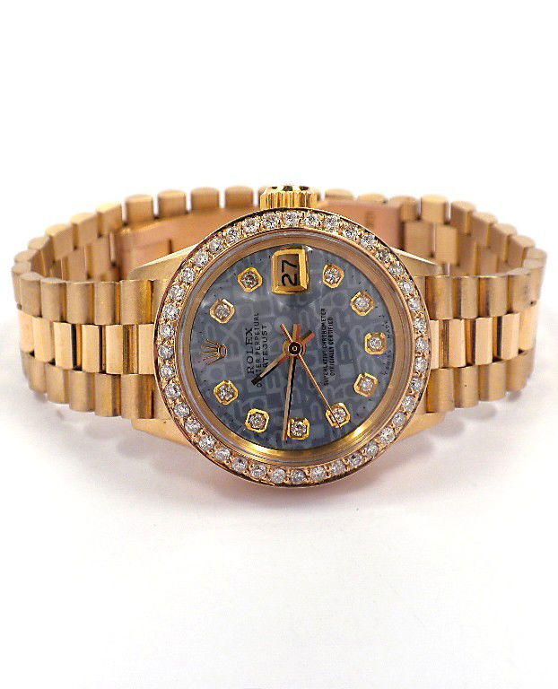 Ladies 18KT Yellow Gold Rolex Diamond DateJust Wristwat: "Ladies 18KT Yellow Gold Rolex Diamond DateJust Wristwatch A3391. Great Condition! SK1324WV. One ladies, hand crafted and machine milled Rolex Lady President the DateJust model wristwatch electronical