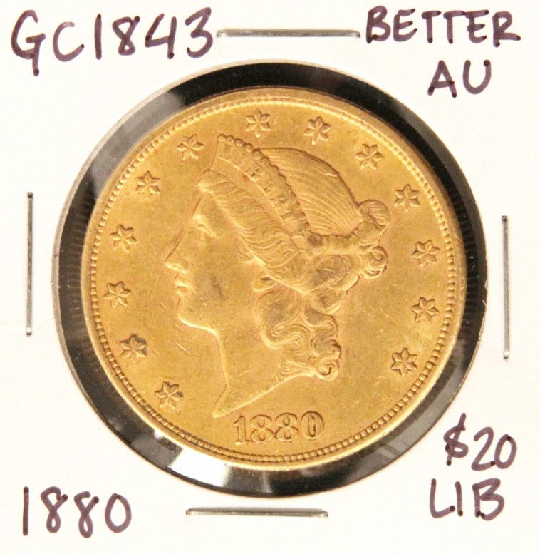 1880 $20 AU Liberty Head Double Eagle Gold Coin GC1843: "1880 $20 AU Liberty Head Double Eagle Gold Coin GC1843. As-Is Condition! SW6681JK. 1880 $20 AU Liberty Head Double Eagle Gold Coin. Thank you for viewing this lot. We are always adding new inventory