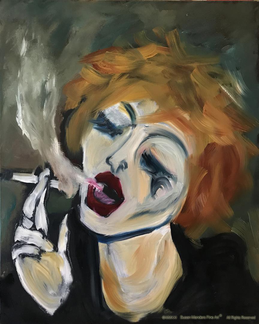 Susan Manders ORIGINAL "Burnin'": Every smoker knows why they love this moment. Susan Manders Original "Burnin"" is a 36 x 24" original oil on canvas. Manders works are represented in fine collections internationally & archived by the