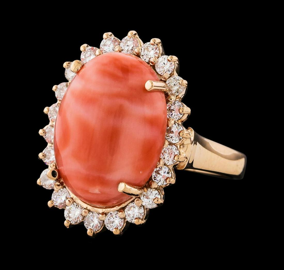 9.47 ctw Coral and Diamond Ring - 14KT Rose Gold: One electronically tested 14KT rose gold lady's cast fashion ring with a basket halo with a bright polish finish. The featured lady's ring has a shank measuring 2.57 millimeters wide. Identified with 