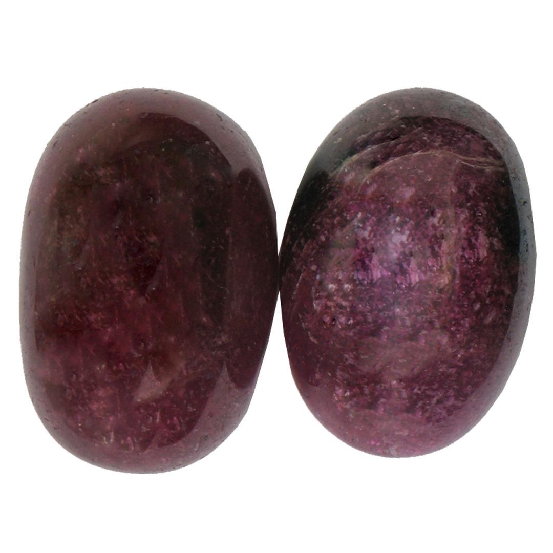 24.63 ctw Cabochon Ruby Parcel: Two oval cabochon cut natural rubies, measuring 14.00 x 10.00 x 7.00mm, exact total weight 24.63ct., clarity is heavily included, type II, dark, very slightly brownish, slightly purplish red color, (G