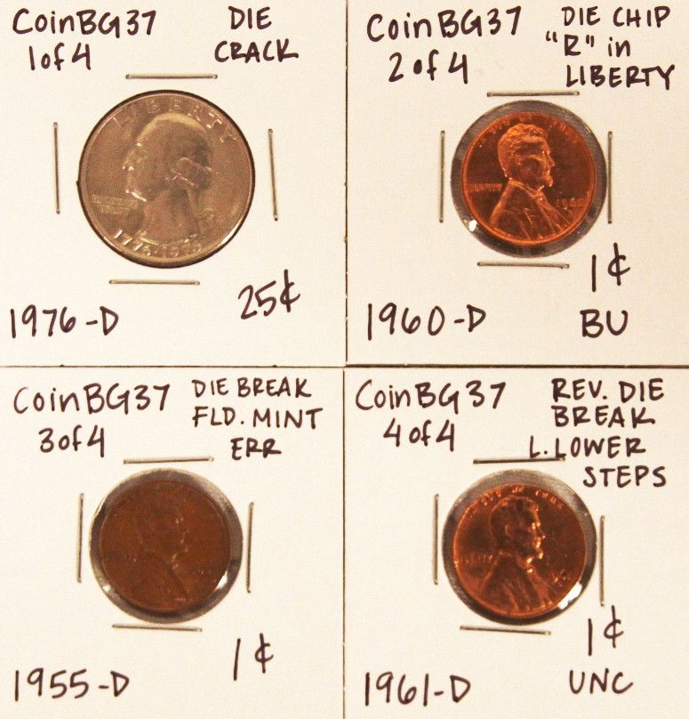 Assorted Lot of 4 Misc Die Breaks CoinBG37: "Assorted Lot of 4 Misc Die Breaks CoinBG37. As-Is Condition! DA61DS. Assorted Lot of 4 Misc Die Breaks. Thank you for viewing this lot. We are always adding new inventory and new auctions, so check b