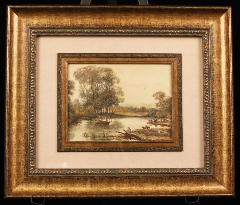 Antique American Original Watercolor ED546: "Antique American Original Watercolor ED546. Excellent Vintage Condition! YV141FD. This is an Antique American Primitive School Landscape Painting of a Man Fishing with Cows grazing on the banks of a 