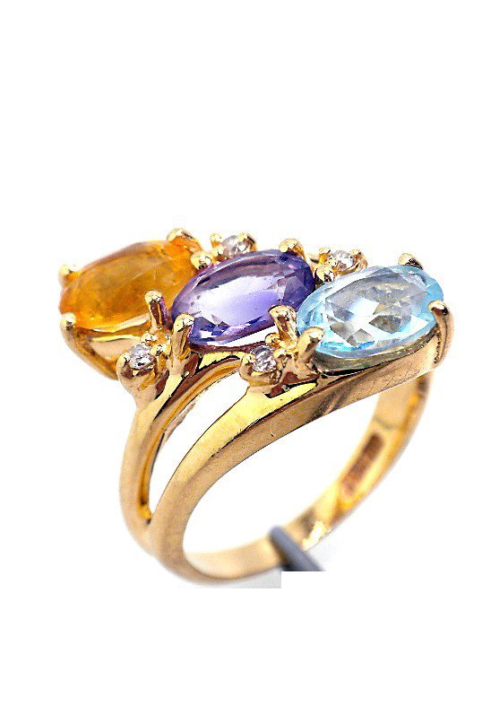 Ladies 14KT Yellow Gold Multi Colored Gemstone & Diamon: "Ladies 14KT Yellow Gold Multi Colored Gemstone & Diamond Ring A2162. Excellent Condition! DF181PK. One electronically tested 14KT yellow gold ladies cast mulit colored gemstone & diamond ring. Condit