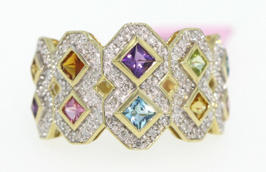 14KT Yellow Gold Colored Stones and Diamond Ring FJM252: "14KT Yellow Gold Colored Stones and Diamond Ring FJM252. Excellent Condition! CW302KY. One 14KT yellow gold colored stone and diamond ring. Features 10 colored stones and round diamonds weighing a to