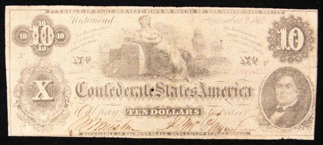 1862 $10 Confederate Currency Note Richmond BD325: "1862 $10 Confederate Currency Note Richmond BD325. As-Is Condition! BU42VA. 1862 $10 Confederate Currency Note Richmond. Thank you for viewing this lot. We are always adding new inventory and new auc