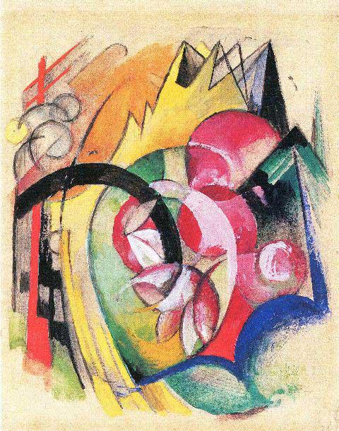 Franz Marc - Colored Flowers: Artist: Franz Marc - Title: Colored Flowers - Medium: Fine Art Reproduction Giclee on Canvas - Image Size: Approximately 20 inches x 15.75 inches - Unframed on Unstretched Canvas - Biography: Franz Mo