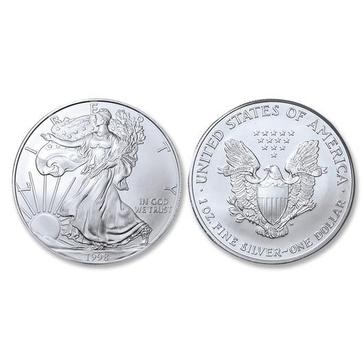 1998 American Silver Eagle .999 Fine Silver Dollar Coin: One 1998 American Silver Eagle .999 Fine Silver Dollar Coin.