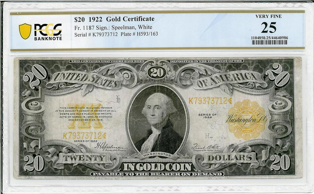 1922 $20 Gold Certificate Bank Note PCGS 25 Very Fine: One 1922 $20 Gold Certificate Bank Note PCGS 25 Very Fine. The serial number is 79373712.