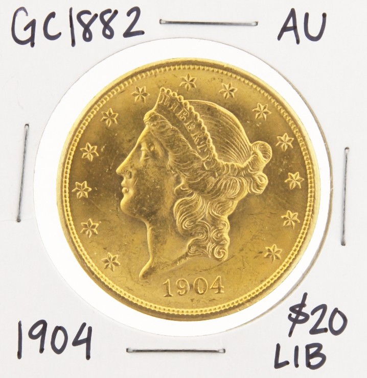 1904 $20 AU Liberty Head Double Eagle Gold Coin GC1882: "1904 $20 AU Liberty Head Double Eagle Gold Coin GC1882. As-Is Condition! SL6881BT. 1904 $20 AU Liberty Head Double Eagle Gold Coin. Thank you for viewing this lot! We are always adding new inventory