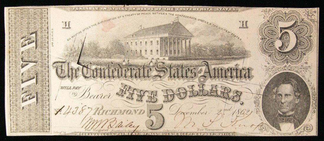 1862 $5 Confederate Currency Note Richmond BD312: "1862 $5 Confederate Currency Note Richmond BD312. As-Is Condition! YA42HU. 1862 $5 Confederate Currency Note Richmond. Thank you for viewing this lot. We are always adding new inventory and new aucti
