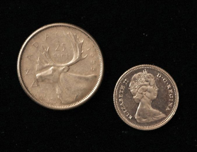 1955 Canadian Quarter & 1965 Dime 8.1g (.26oz) COMS84: "1955 Canadian Quarter & 1965 Dime 8.1g (.26oz) COMS84. As-Is Condition! PU5FD. 1955 Canadian Quarter & 1965 Dime. Weighs approx. 8.1g (.26oz). Thank you for viewing this lot. We are always adding new