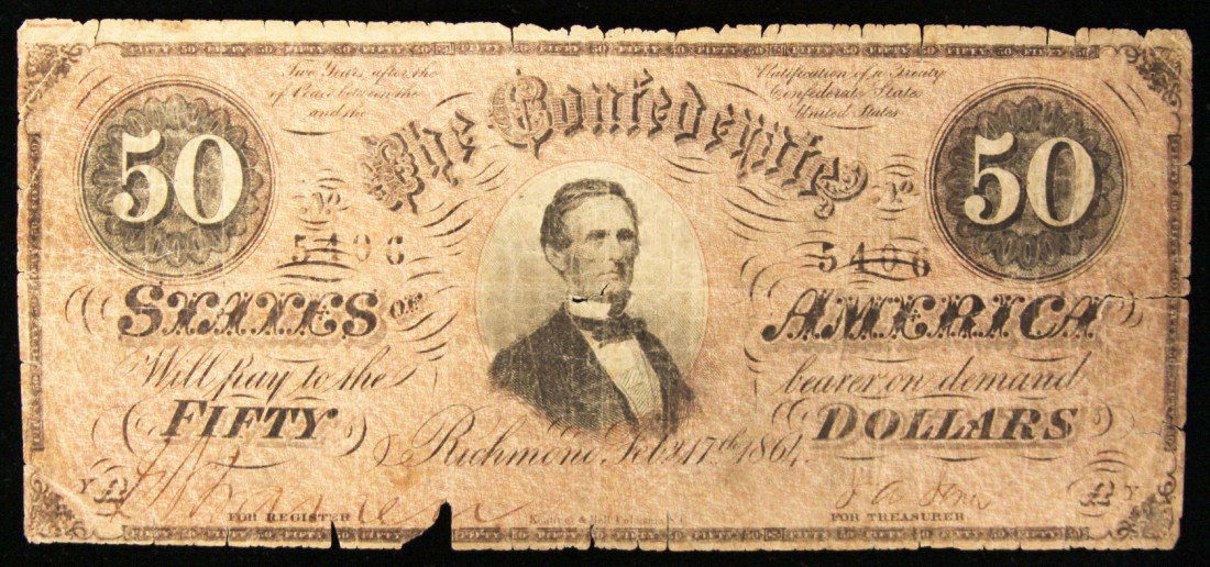 1864 $50 Confederate Currency Note Richmond BD316: "1864 $50 Confederate Currency Note Richmond BD316. As-Is Condition! ZN42MA. 1864 $50 Confederate Currency Note Richmond. Thank you for viewing this lot. We are always adding new inventory and new auc
