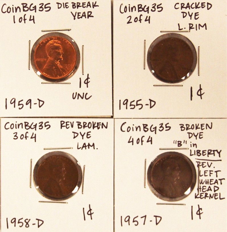 Assorted Lot of 4 Misc Die Breaks CoinBG35: Assorted Lot of 4 Misc Die Breaks CoinBG35. As-Is Condition! GS61JM. Assorted Lot of 4 Misc Die Breaks. Thank you for viewing this lot. We are always adding new inventory and new auctions, so check ba